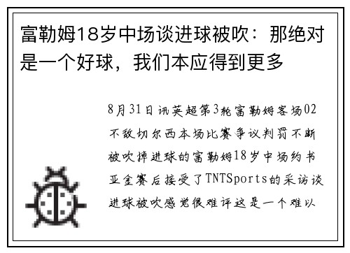 富勒姆18岁中场谈进球被吹：那绝对是一个好球，我们本应得到更多