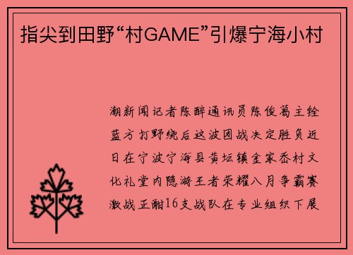 指尖到田野“村GAME”引爆宁海小村